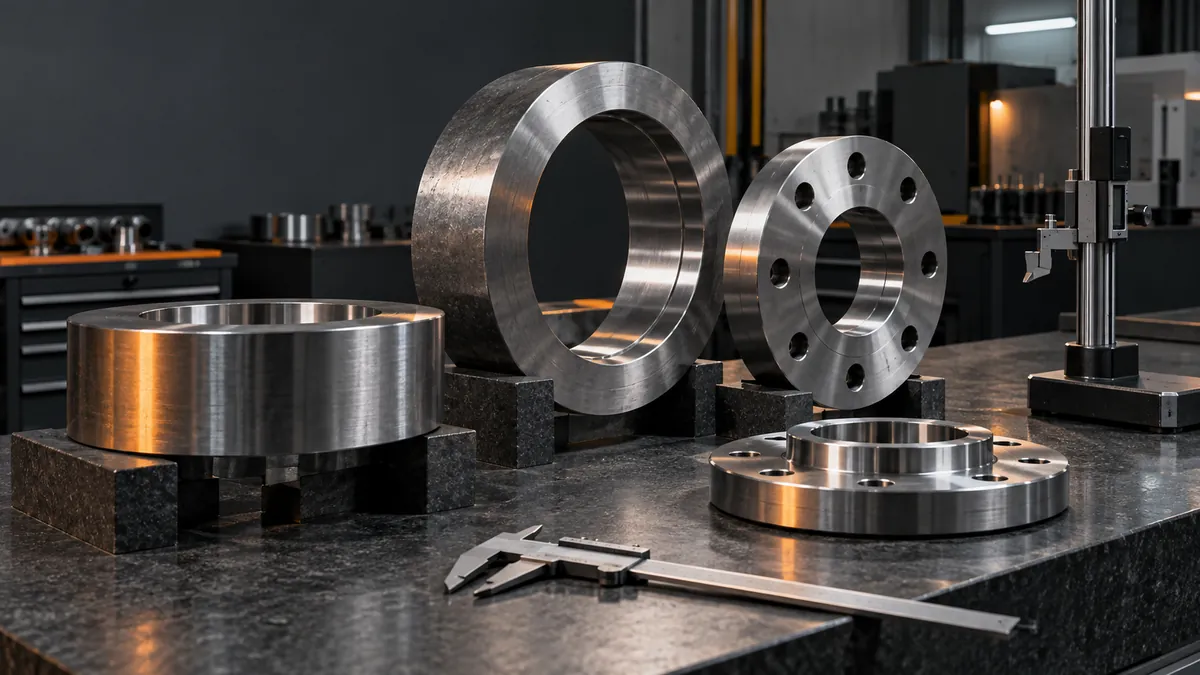 Forged steel rings and flanges arranged for dimensional inspection