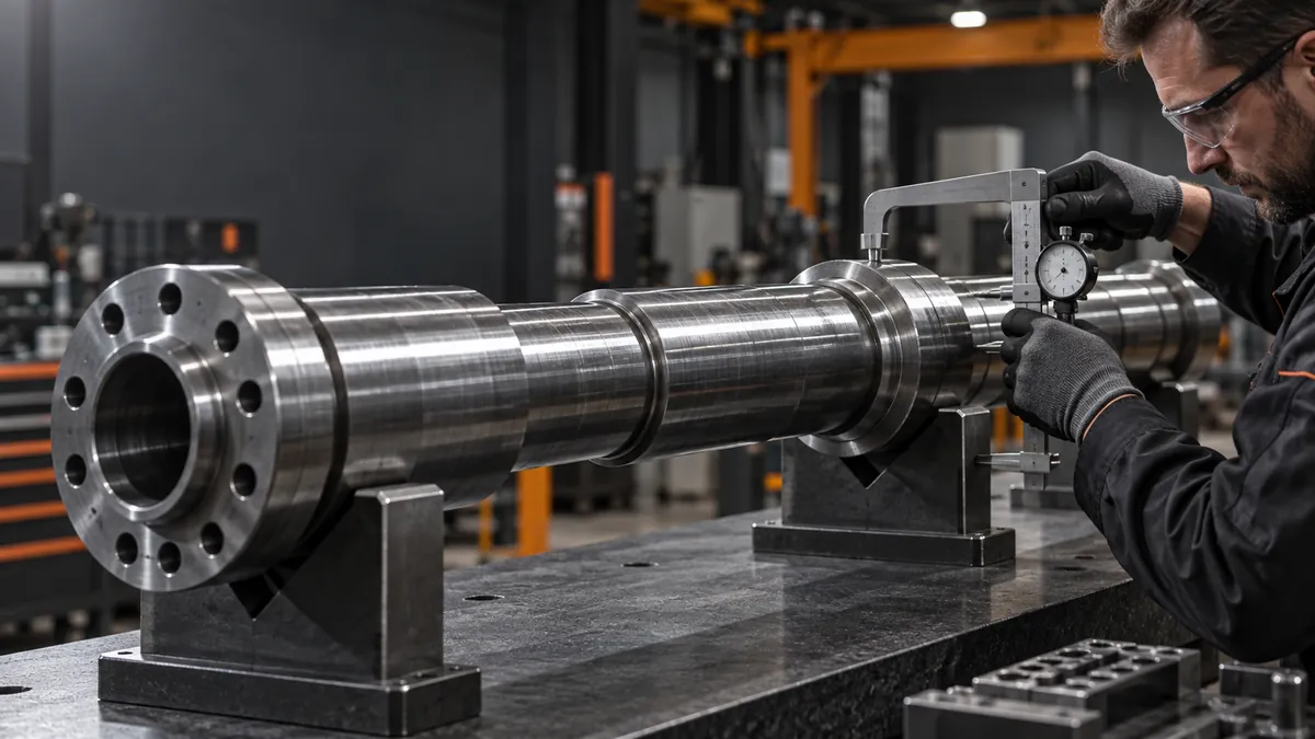 Technician measuring a precision-machined forged steel shaft