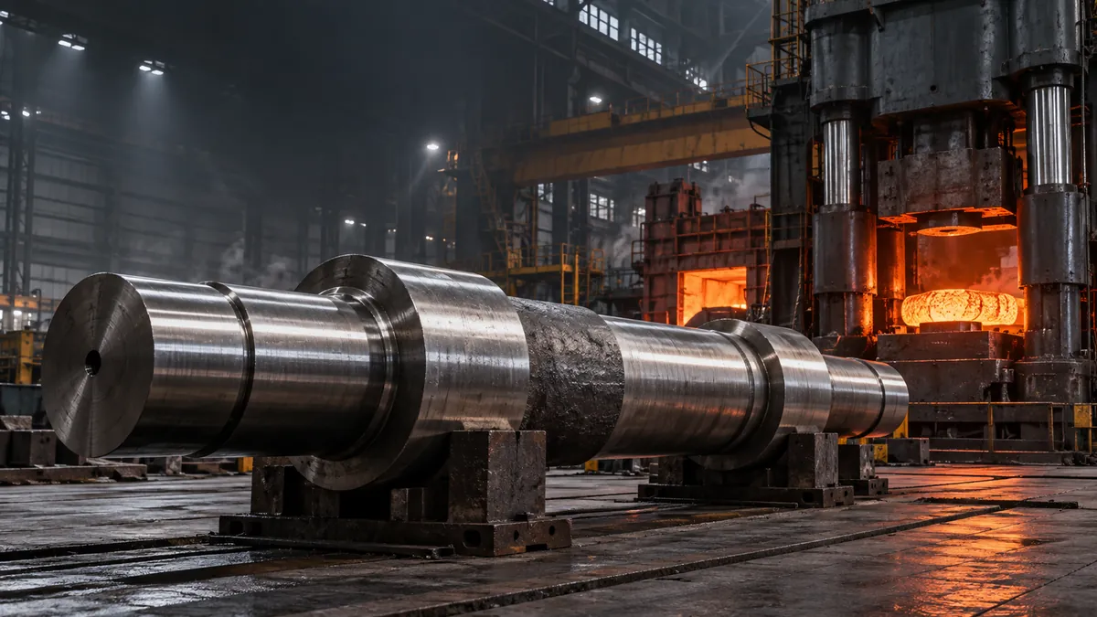 Large forged steel shaft inside a heavy forging workshop in India