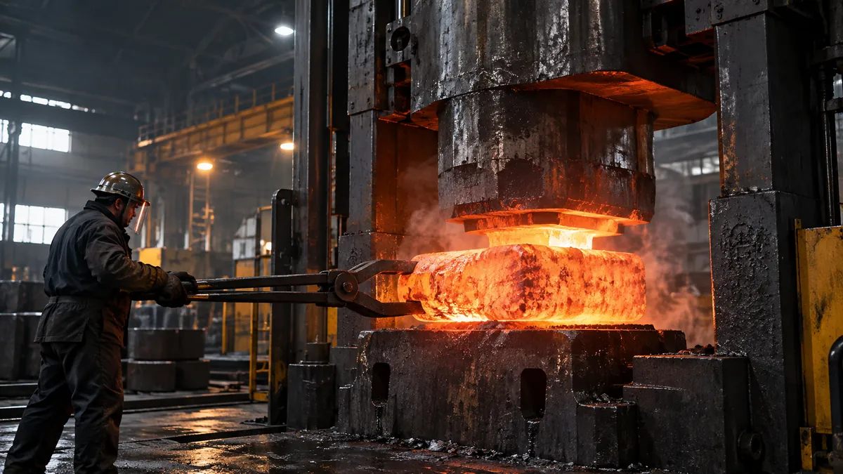 Glowing steel billet under an open-die hydraulic forging press