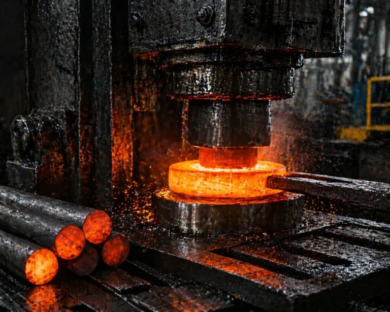 Hot forged steel ingots in an industrial workshop for metal manufacturing